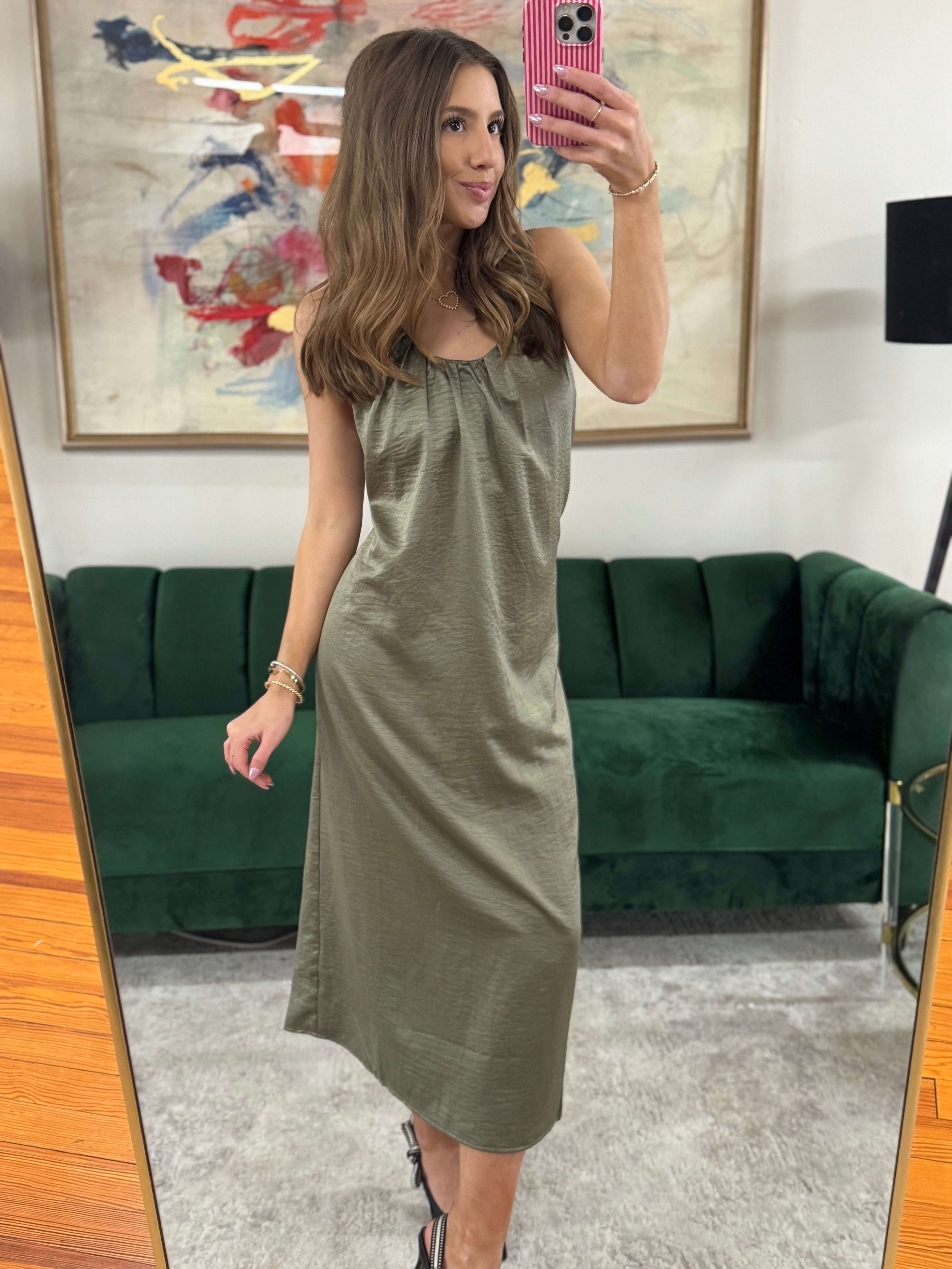 The Serenity Dress | Olive Satin Midi Dress Large The Serenity Dress | Olive Satin Midi Dress Large